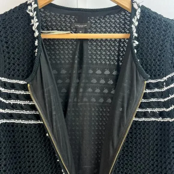 NWT Ann Taylor Black & White Fringe Sweater Zip Jacket Sz M - Picture 3 of 5